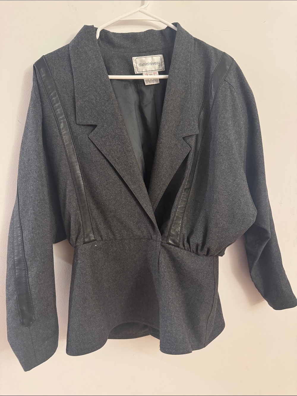 Vintage wool leather detail grey jacket